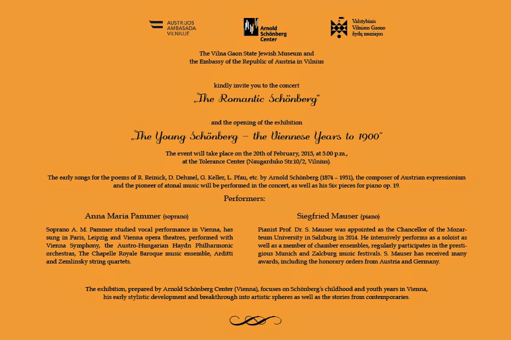 Valstybinio Vilniaus Gaono žydų muziejaus Tolerancijos centre pristatomas ankstyvasis kompozitoriaus Arnoldo Schönbergo gyvenimas ir kūryba