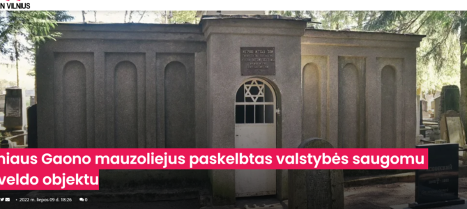 Vilniaus Gaono mauzoliejus paskelbtas valstybės saugomu paveldo objektu
